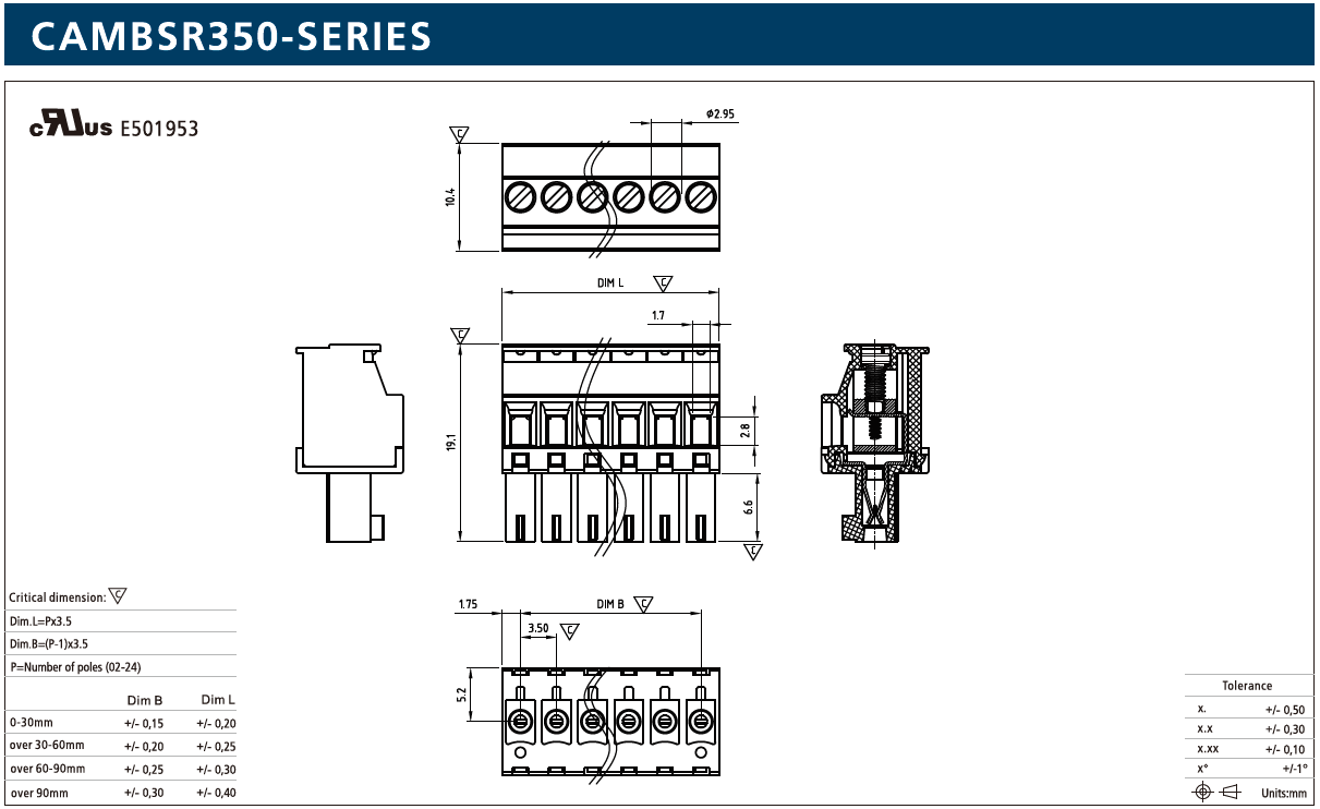 Leiterplattensteckverbinder, female, Schraubanschluss, RM: 3,50mm, 160V, 8A, UL, IEC, Abisolierlänge: 6-7mm, 6-polig, CAMBSR350-Serie
