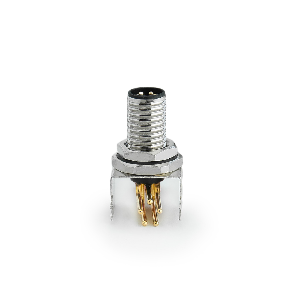 M8 Stecker 5P, B Cod. Flanschstecker, Platine Lötanschluss, Front Verschraubung, geschirmt gewinkelt, ohne Leitung