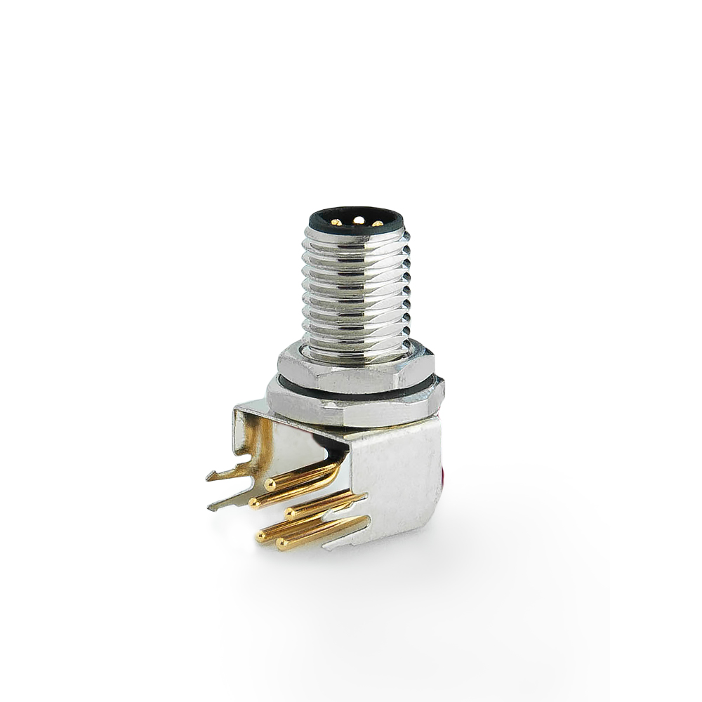 M8 Stecker 5P, B Cod. Flanschstecker, Platine Lötanschluss, Front Verschraubung, geschirmt gewinkelt, ohne Leitung