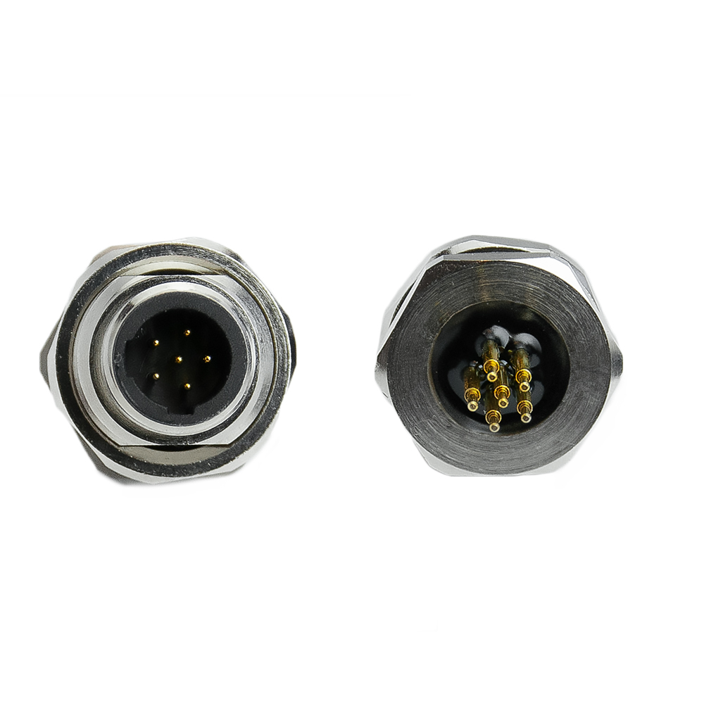 M12 Stecker 6P, C Cod. Flanschstecker, Platine Lötanschluss, Front 