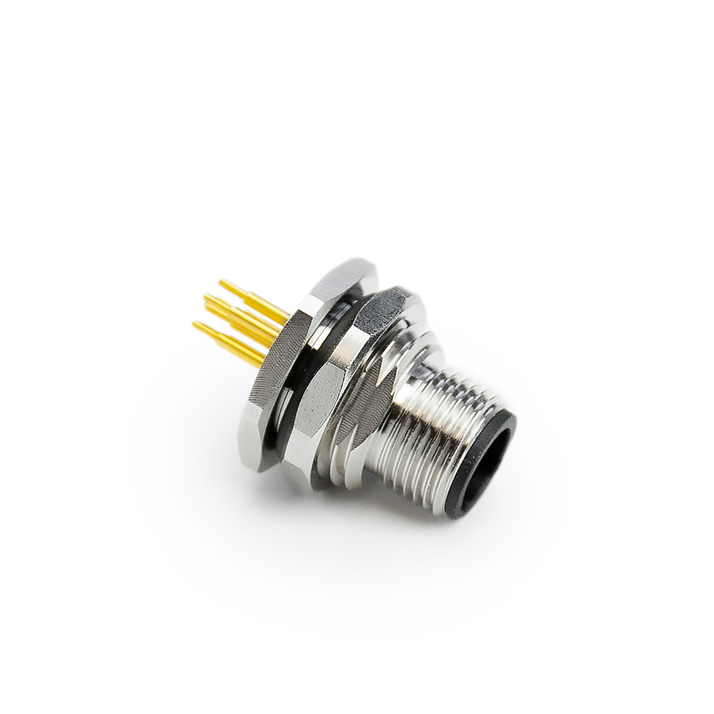 M12 Stecker 6P, C Cod. Flanschstecker, Platine Lötanschluss, Front Verschraubung, PG9, gerade, ohne Leitung