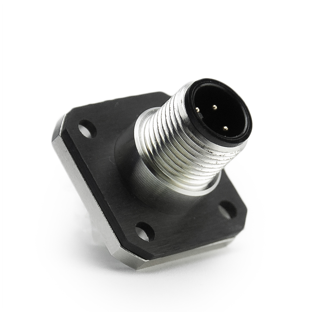 M12 Stecker 4P, A Cod. Flanschstecker, Lötanschluss, Montageplatte, gerade, ohne Leitung
