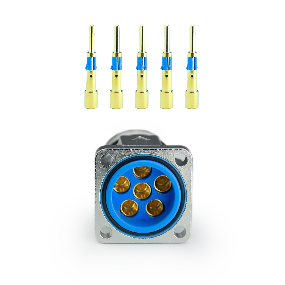 M23 Stecker 6P, Power Flanschstecker, Crimpanschluss inkl. Kontakte, Front Verschraubung, gewinkelt, ohne Leitung