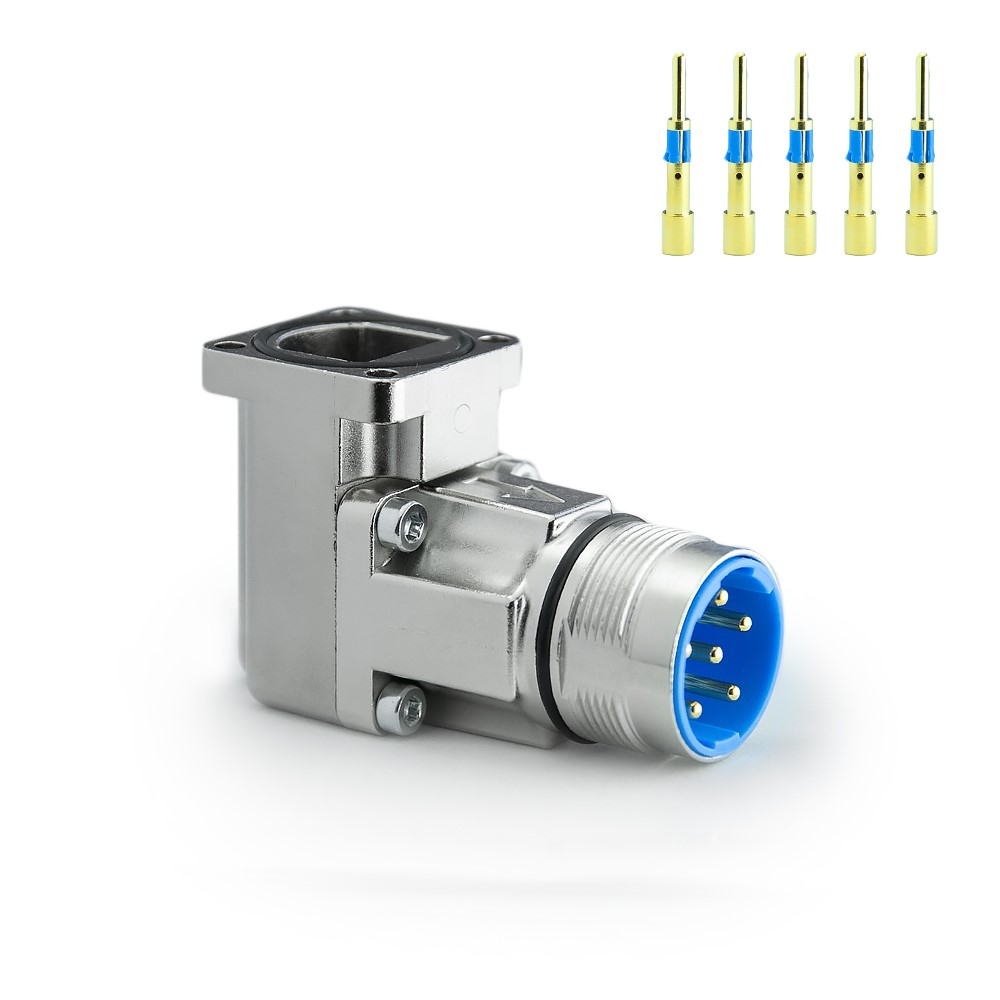 M23 Stecker 6P, Power Flanschstecker, Crimpanschluss inkl. Kontakte, Front Verschraubung, gewinkelt, ohne Leitung