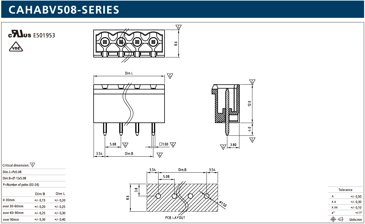Leiterplattengrundleiste, male, Wellenlötverfahren, RM: 5,08mm, 320V, 12A, UL, IEC, VDE, 3-polig, CAHABV508-Serie