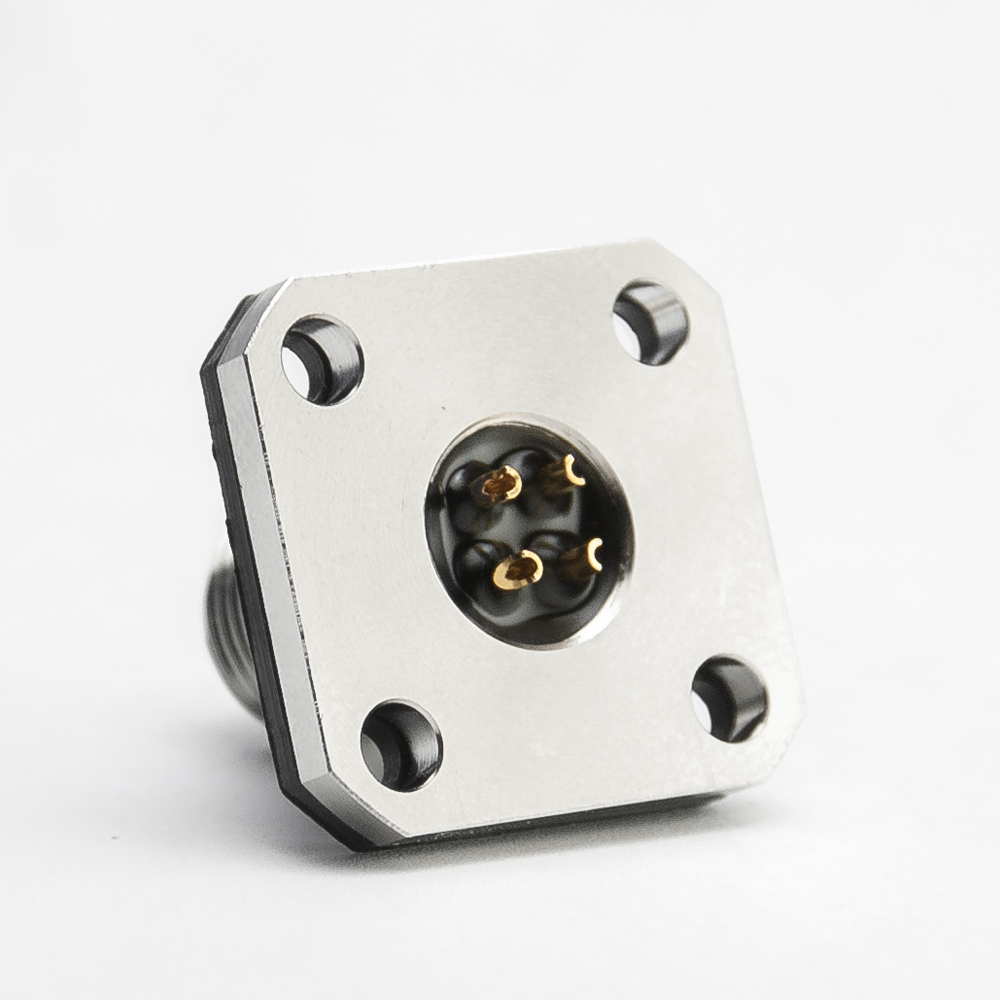 M12 Stecker 4P, A Cod. Flanschstecker, Lötanschluss, Montageplatte, gerade, ohne Leitung