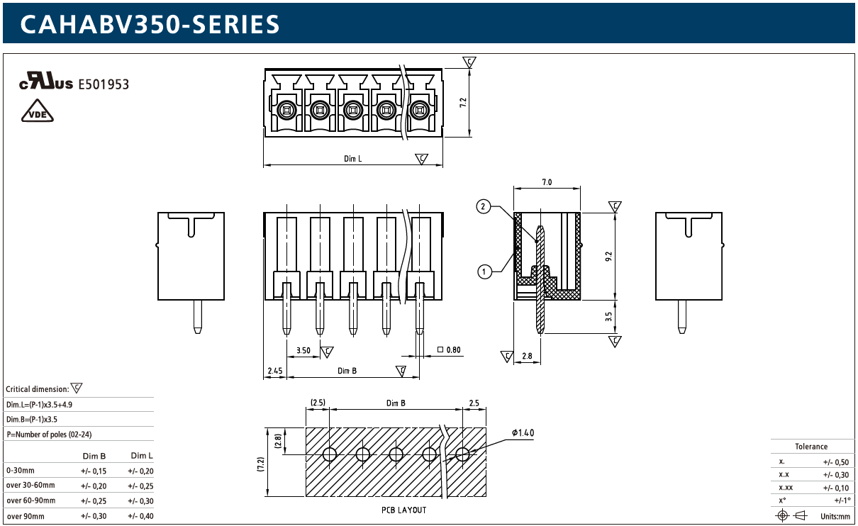 Leiterplattengrundleiste, male, Wellenlötverfahren, RM: 3,50mm, 160V, 8A, UL, IEC, VDE, 4-polig, CAHABV305-Serie