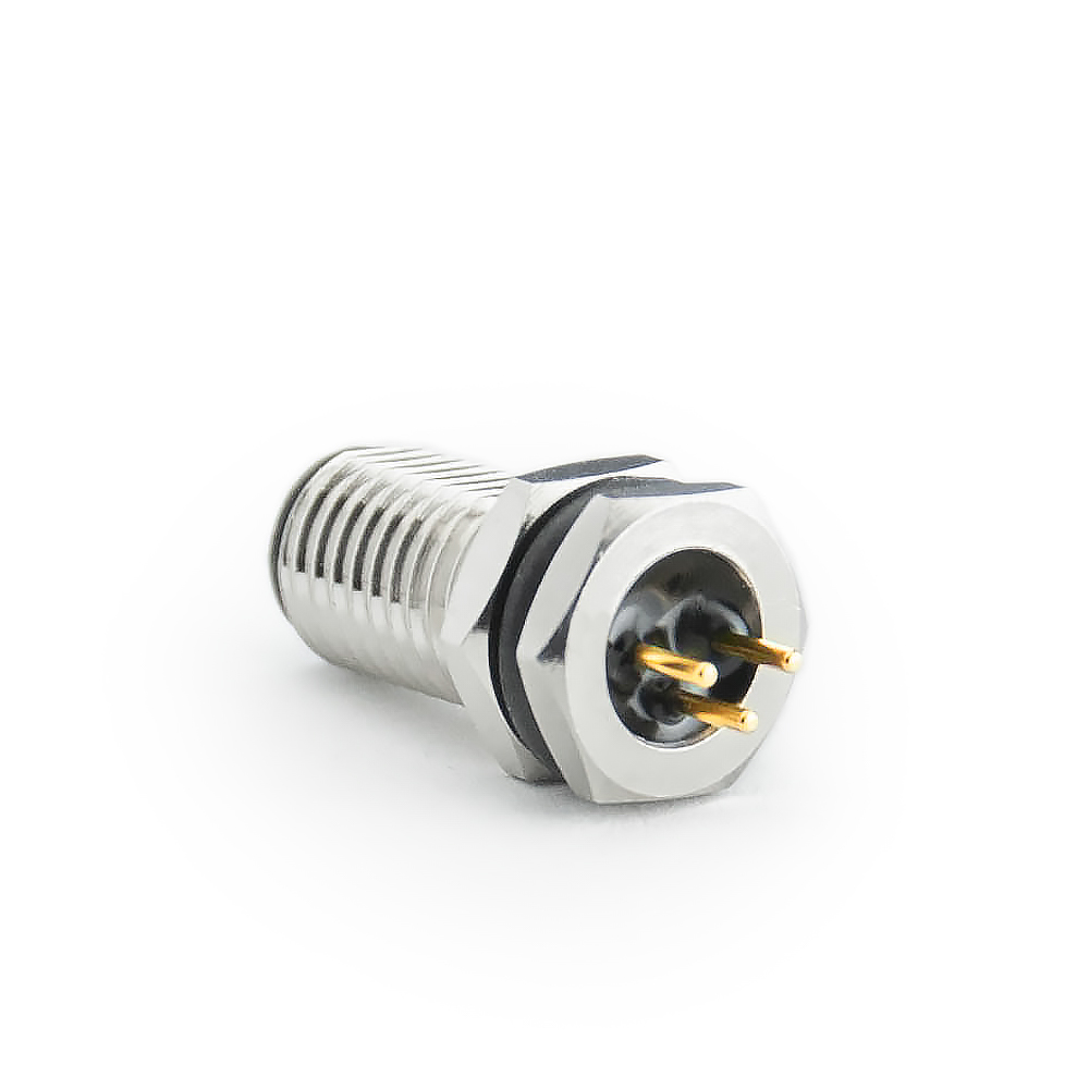 M8 Stecker 3P, A Cod. Flanschstecker, Platine Lötanschluss, Front Verschraubung, gerade, ohne Leitung
