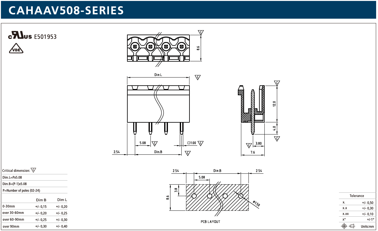 Leiterplattengrundleiste, male, Wellenlötverfahren, RM: 5,08mm, 320V, 12A, UL, IEC, VDE, 3-polig, CAHAAV508-Serie